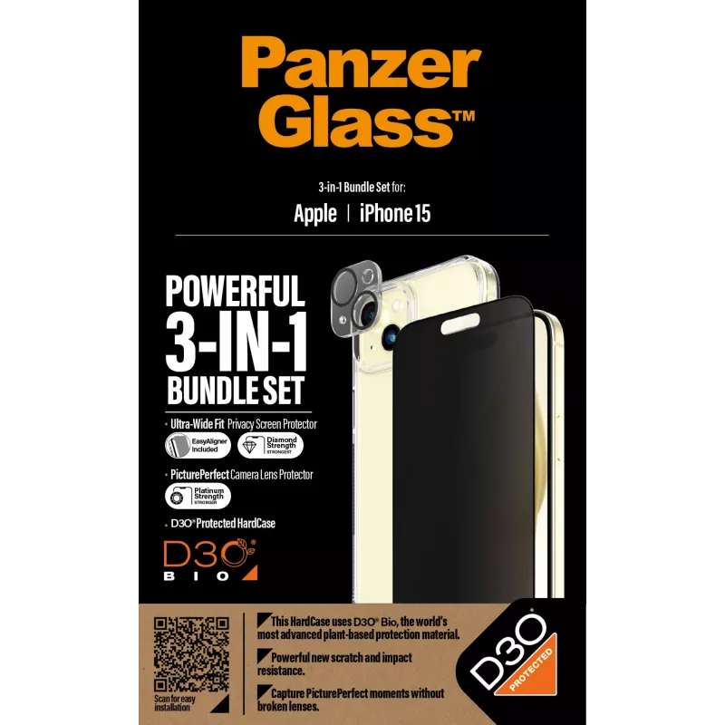 PanzerGlass ® Privacy 3-in-1-pack iPhone 15 schokbestendig gehard glas