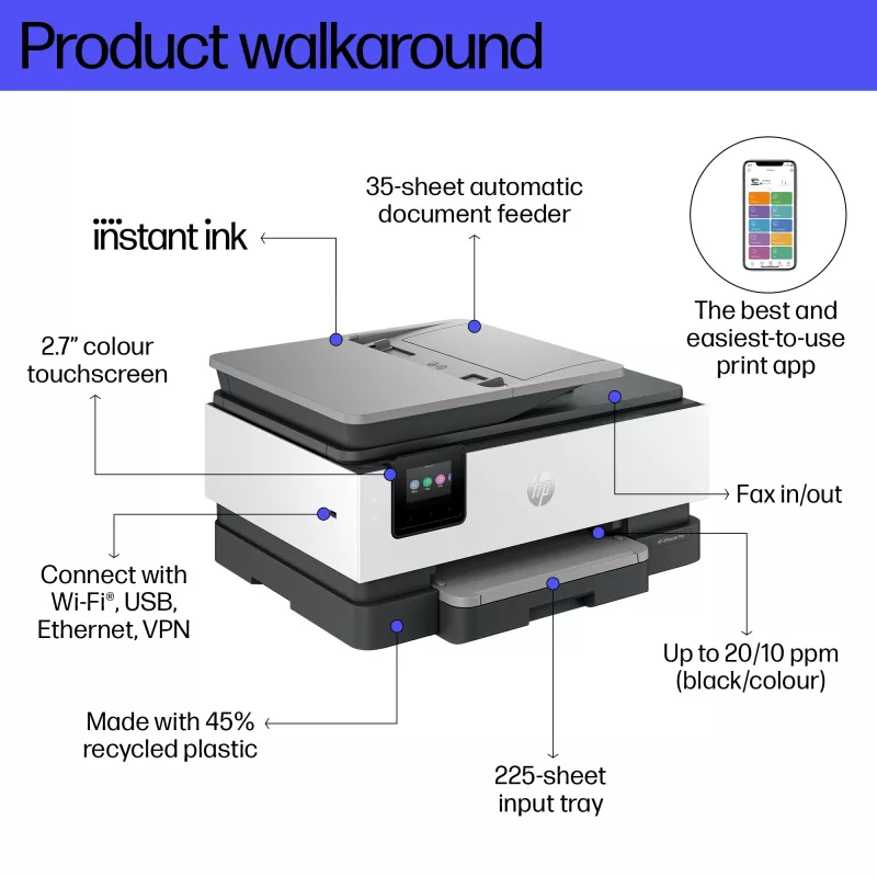 HP OfficeJet Pro 8134e draadloze all-in-one kleurenprinter, Instant Ink; dubbelzijdig printen