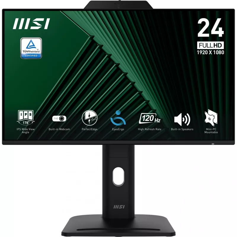 MSI PRO MP242PMGDE monitor 23,8 inch (60,5 cm), Full HD 1920x1080, IPS, 120 Hz, 1 ms, webcam, microfoon, USB-hub, HDMI, DP, VGA, zwart