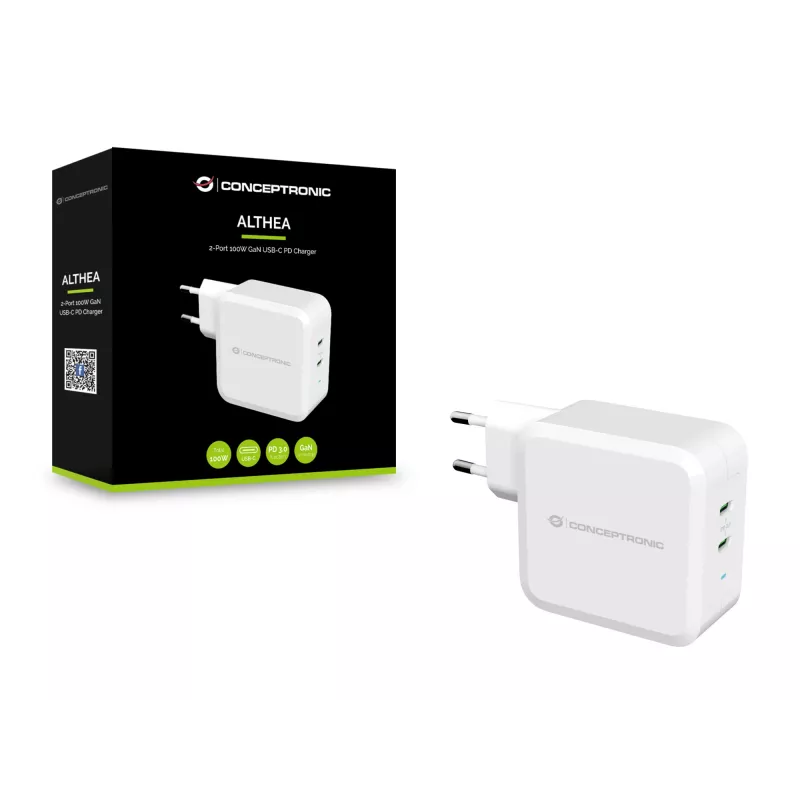 Conceptronic ALTHEA 2-poorts 100W GaN USB-C PD lader, binnen, wisselstroom, 5 V, 5 A, wit