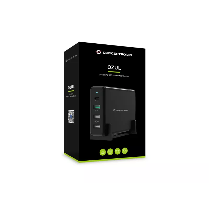 Conceptronic OZUL 4-poorts 65W USB PD desktoplader, binnen, AC, 5 V, zwart
