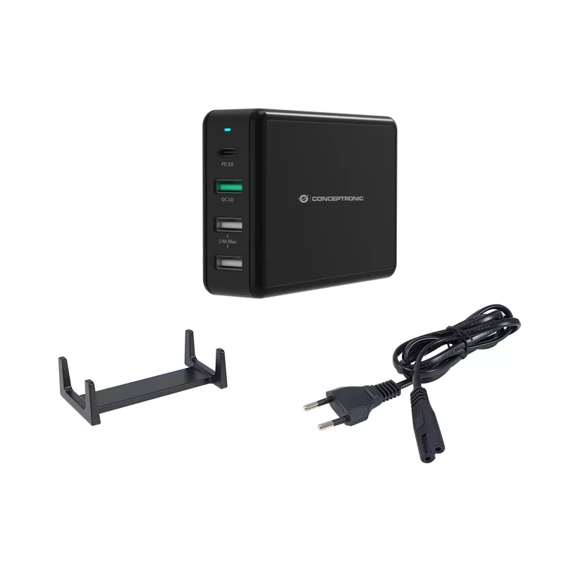 Conceptronic OZUL 4-poorts 65W USB PD desktoplader, binnen, AC, 5 V, zwart