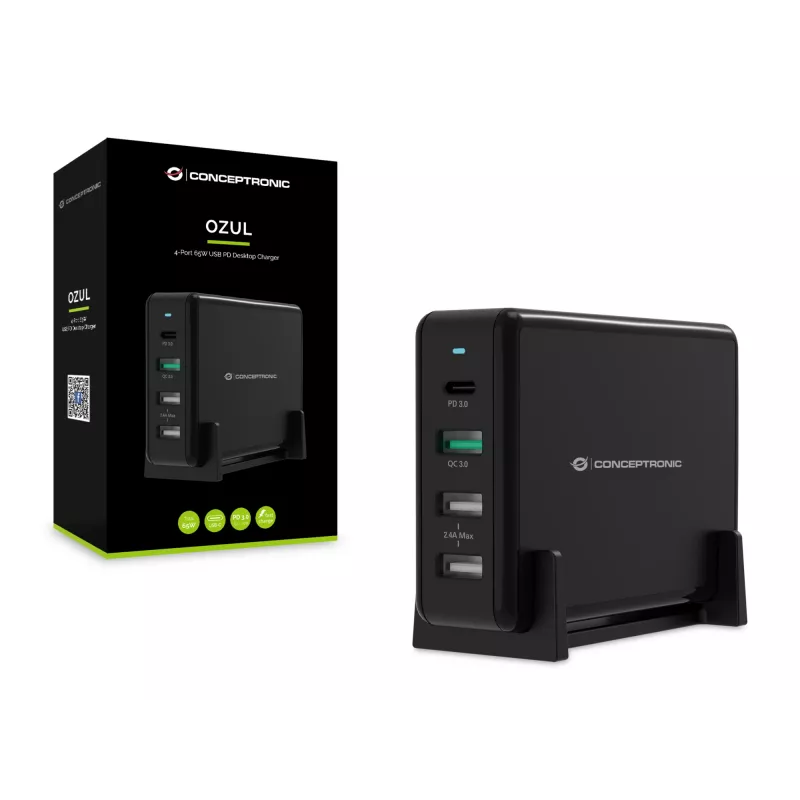 Conceptronic OZUL 4-poorts 65W USB PD desktoplader, binnen, AC, 5 V, zwart