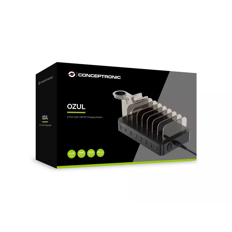 Conceptronic OZUL 8-poorts 75W USB PD laadstation, binnen, AC, 12 V, zwart