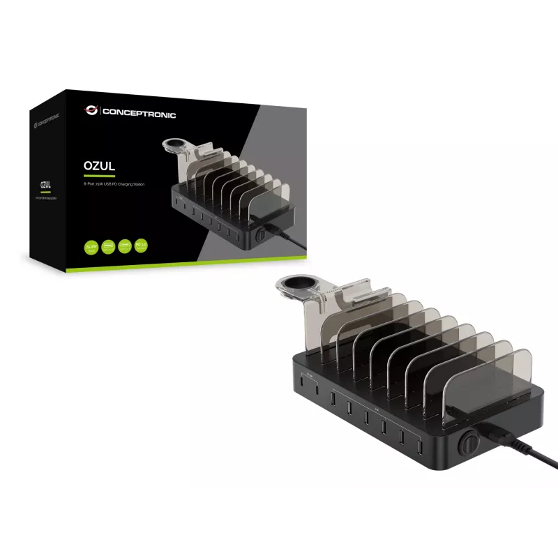 Conceptronic OZUL 8-poorts 75W USB PD laadstation, binnen, AC, 12 V, zwart