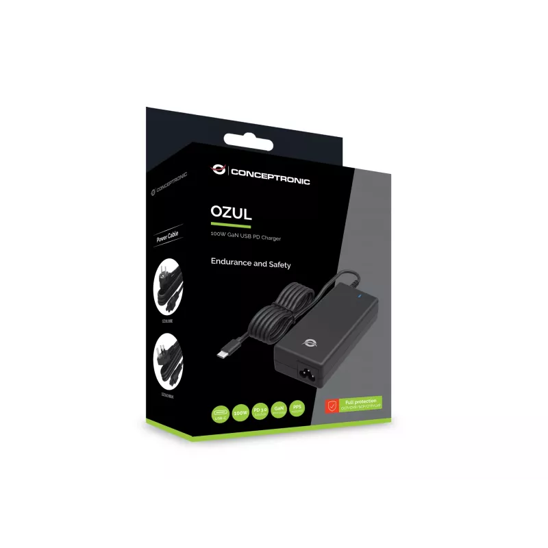 Conceptronic OZUL03BUK 100W GaN desktop USB PD lader, geïntegreerde USB-C-kabel, UK-stekker