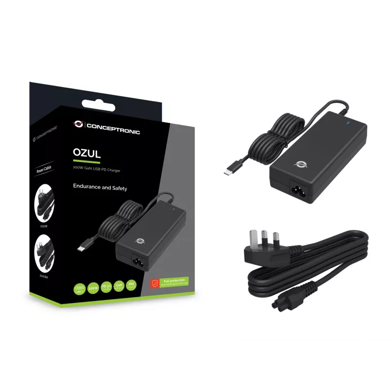 Conceptronic OZUL03BUK 100W GaN desktop USB PD lader, geïntegreerde USB-C-kabel, UK-stekker