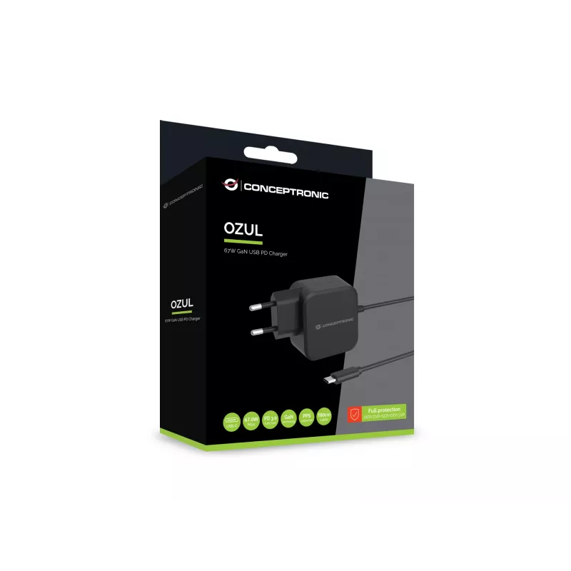Conceptronic OZUL04BE 67W GaN USB PD lader, geïntegreerde USB-C-kabel