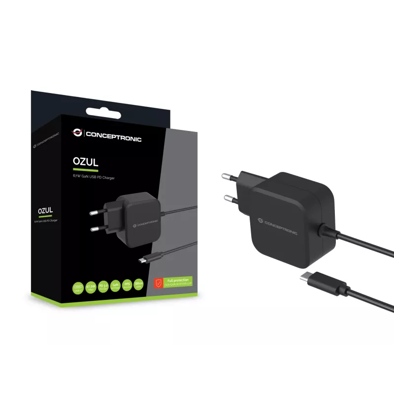 Conceptronic OZUL04BE 67W GaN USB PD lader, geïntegreerde USB-C-kabel