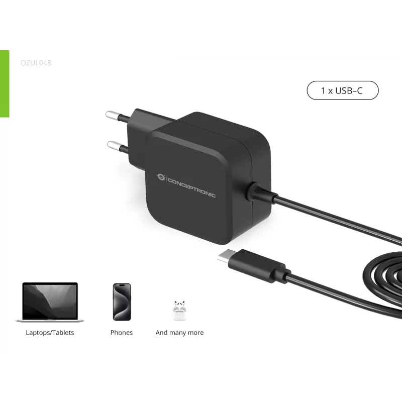 Conceptronic OZUL04BE 67W GaN USB PD lader, geïntegreerde USB-C-kabel