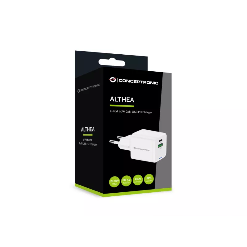 Conceptronic 2-poorts 20W GaN USB PD lader, USB-C x 1, USB-A x 1 ALTHEA15W