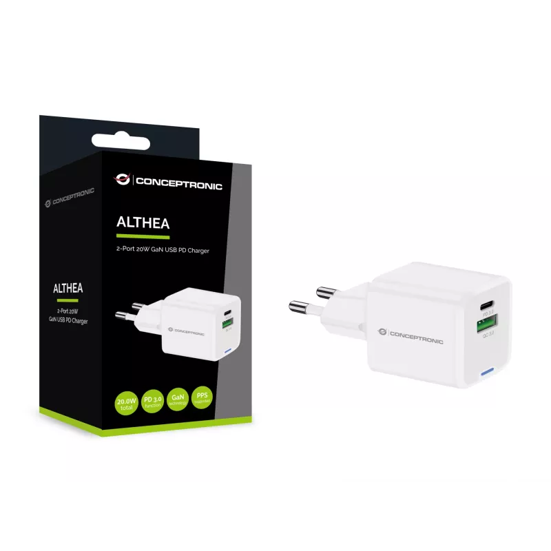 Conceptronic 2-poorts 20W GaN USB PD lader, USB-C x 1, USB-A x 1 ALTHEA15W