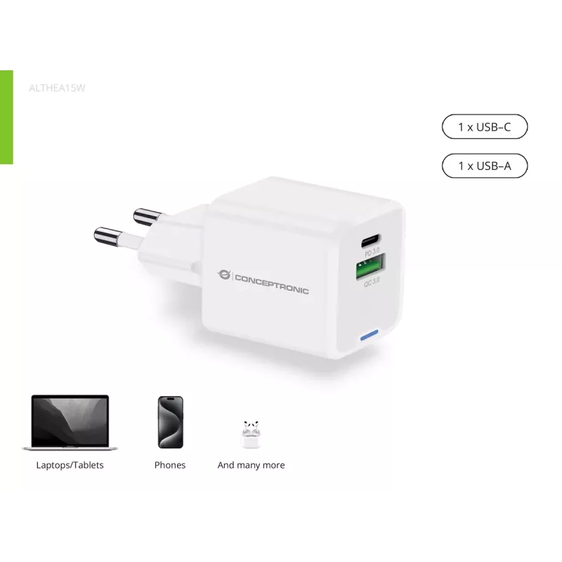 Conceptronic 2-poorts 20W GaN USB PD lader, USB-C x 1, USB-A x 1 ALTHEA15W