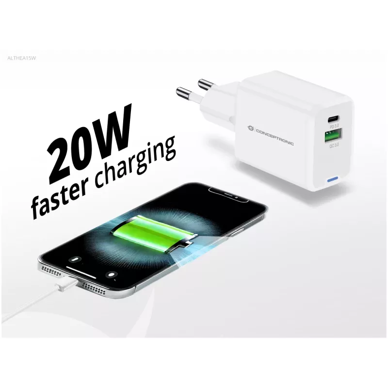 Conceptronic 2-poorts 20W GaN USB PD lader, USB-C x 1, USB-A x 1 ALTHEA15W