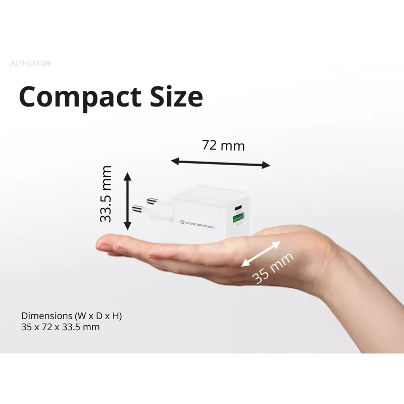 Conceptronic 2-poorts 20W GaN USB PD lader, USB-C x 1, USB-A x 1 ALTHEA15W