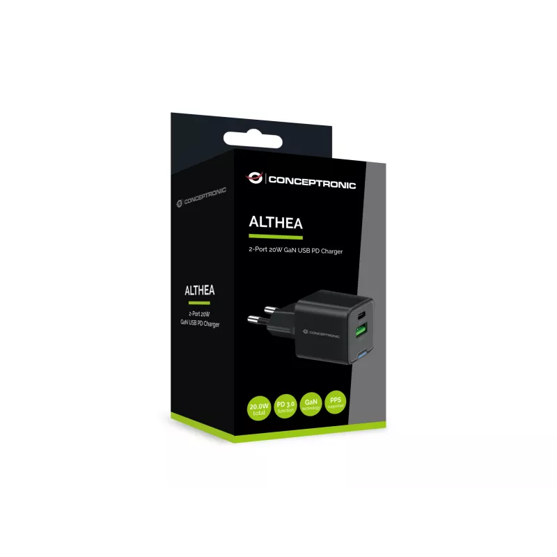 Conceptronic 2-poorts 20W GaN USB PD lader, USB-C x 1, USB-A x 1, QC 3.0, PPS