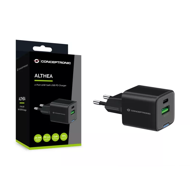 Conceptronic 2-poorts 20W GaN USB PD lader, USB-C x 1, USB-A x 1, QC 3.0, PPS