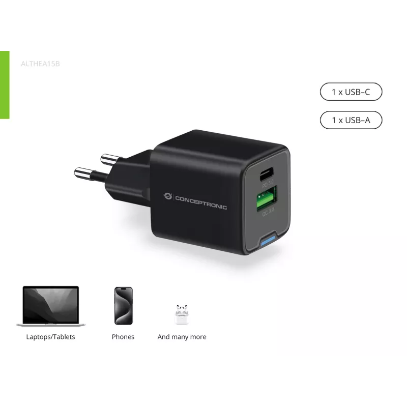Conceptronic 2-poorts 20W GaN USB PD lader, USB-C x 1, USB-A x 1, QC 3.0, PPS