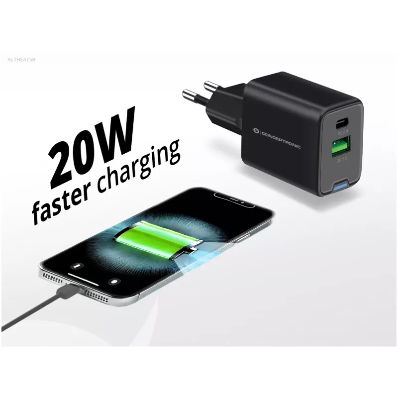 Conceptronic 2-poorts 20W GaN USB PD lader, USB-C x 1, USB-A x 1, QC 3.0, PPS