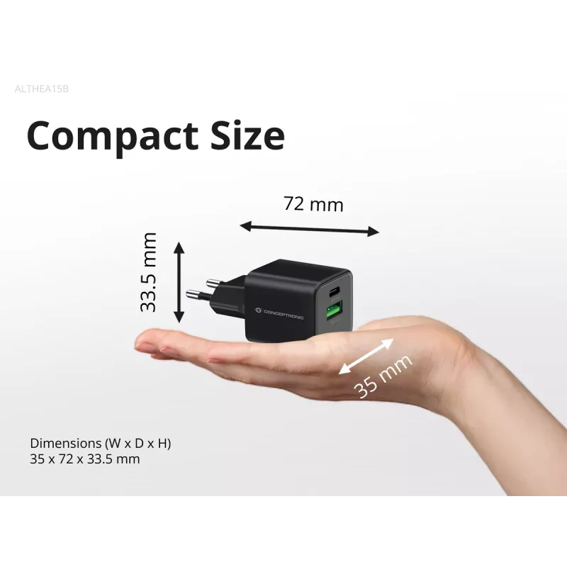 Conceptronic 2-poorts 20W GaN USB PD lader, USB-C x 1, USB-A x 1, QC 3.0, PPS