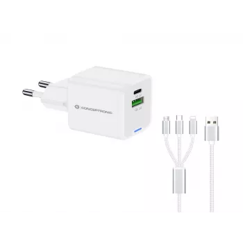 Conceptronic 2-poorts 33W GaN USB PD lader met 3-in-1 laadkabel, USB-C x 1, USB-A x 1, QC 3.0, PPS