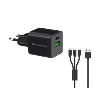 Conceptronic 2-poorts 33W GaN USB PD lader met 3-in-1 laadkabel, USB-C x 1, USB-A x 1, QC 3.0, PPS