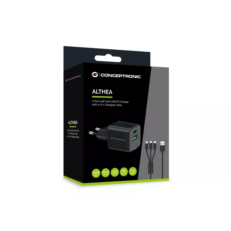 Conceptronic 2-poorts 33W GaN USB PD lader met 3-in-1 laadkabel, USB-C x 1, USB-A x 1, QC 3.0, PPS