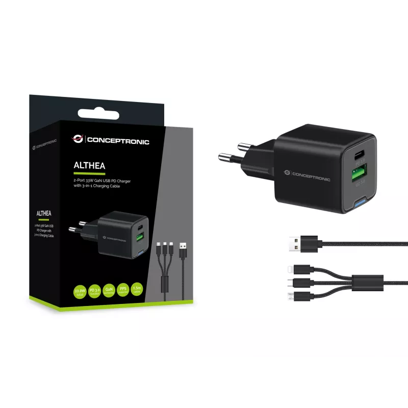 Conceptronic 2-poorts 33W GaN USB PD lader met 3-in-1 laadkabel, USB-C x 1, USB-A x 1, QC 3.0, PPS