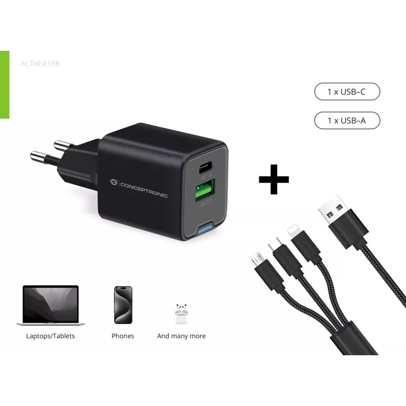 Conceptronic 2-poorts 33W GaN USB PD lader met 3-in-1 laadkabel, USB-C x 1, USB-A x 1, QC 3.0, PPS