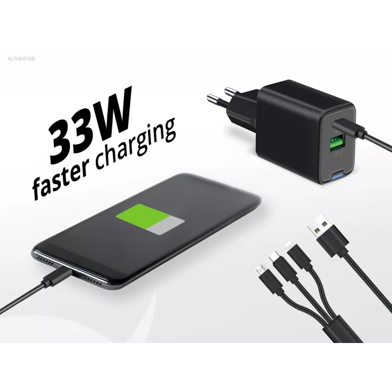 Conceptronic 2-poorts 33W GaN USB PD lader met 3-in-1 laadkabel, USB-C x 1, USB-A x 1, QC 3.0, PPS