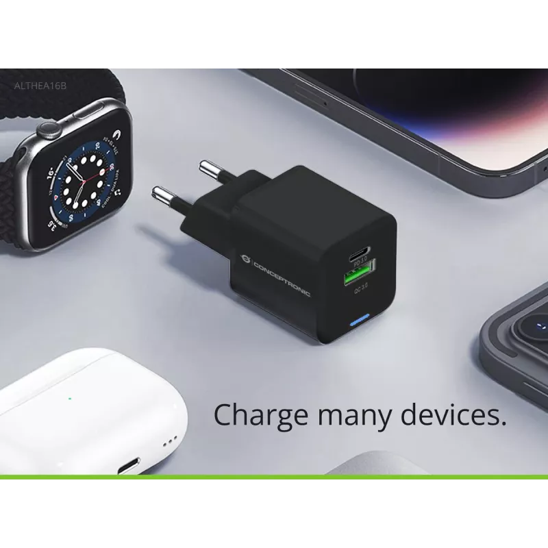 Conceptronic 2-poorts 33W GaN USB PD lader met 3-in-1 laadkabel, USB-C x 1, USB-A x 1, QC 3.0, PPS