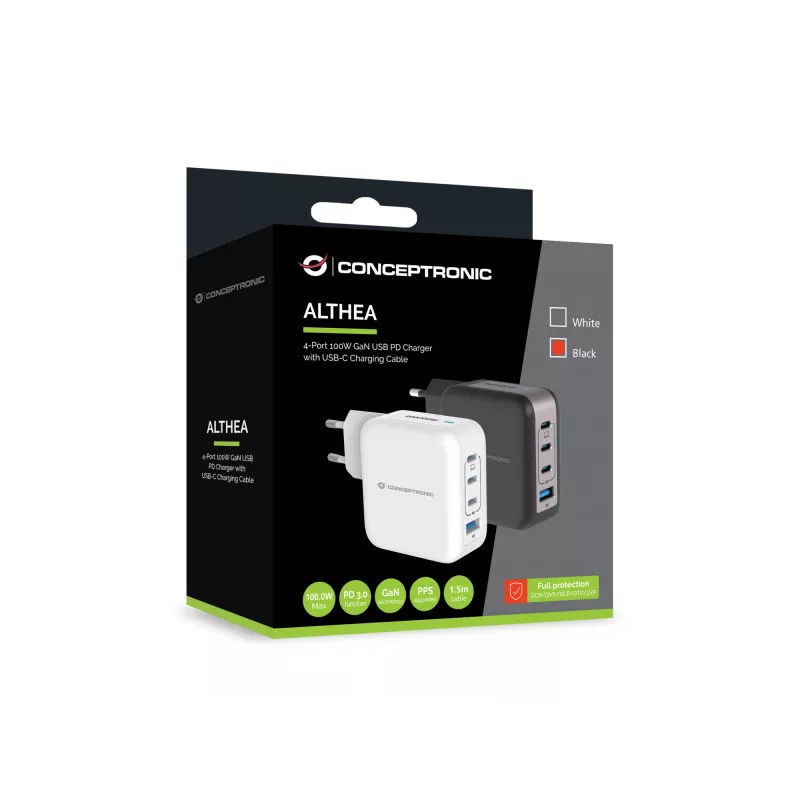 Conceptronic 4-poorts 100W GaN USB PD lader met USB-C laadkabel, USB-C x 3, USB-A x 1, QC 3.0, PPS