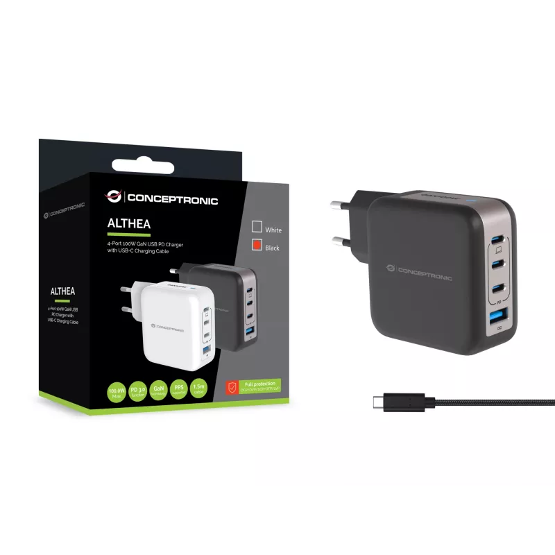 Conceptronic 4-poorts 100W GaN USB PD lader met USB-C laadkabel, USB-C x 3, USB-A x 1, QC 3.0, PPS