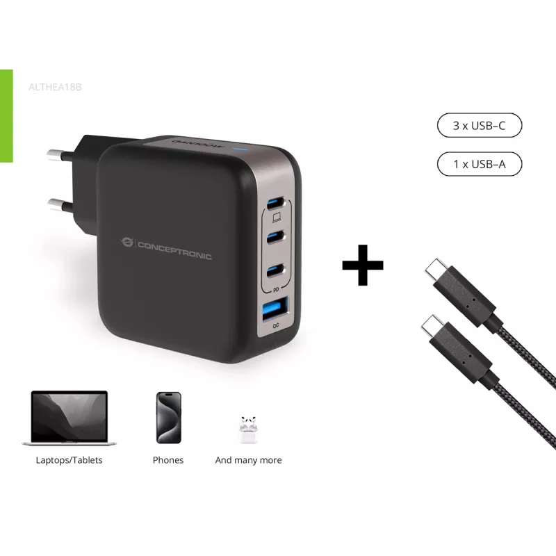 Conceptronic 4-poorts 100W GaN USB PD lader met USB-C laadkabel, USB-C x 3, USB-A x 1, QC 3.0, PPS