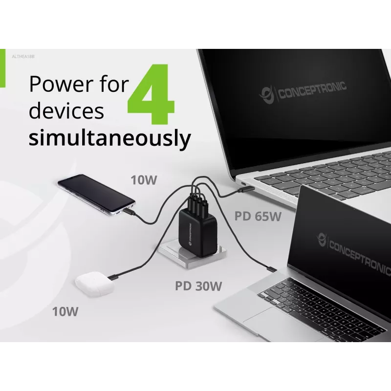 Conceptronic 4-poorts 100W GaN USB PD lader met USB-C laadkabel, USB-C x 3, USB-A x 1, QC 3.0, PPS