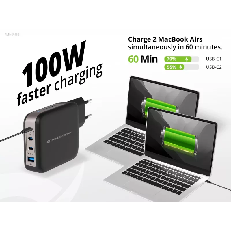 Conceptronic 4-poorts 100W GaN USB PD lader met USB-C laadkabel, USB-C x 3, USB-A x 1, QC 3.0, PPS