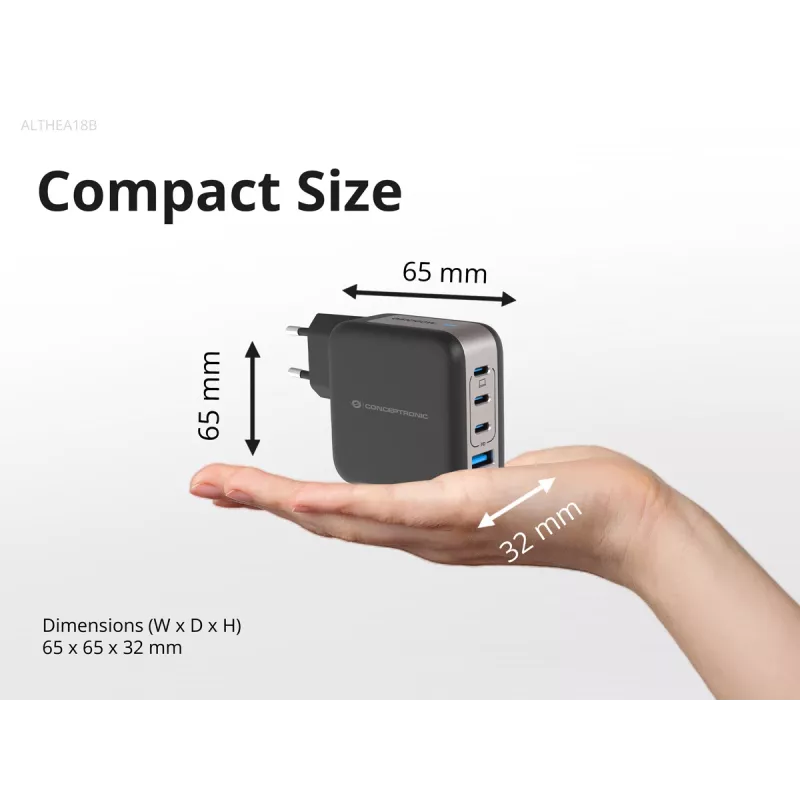 Conceptronic 4-poorts 100W GaN USB PD lader met USB-C laadkabel, USB-C x 3, USB-A x 1, QC 3.0, PPS