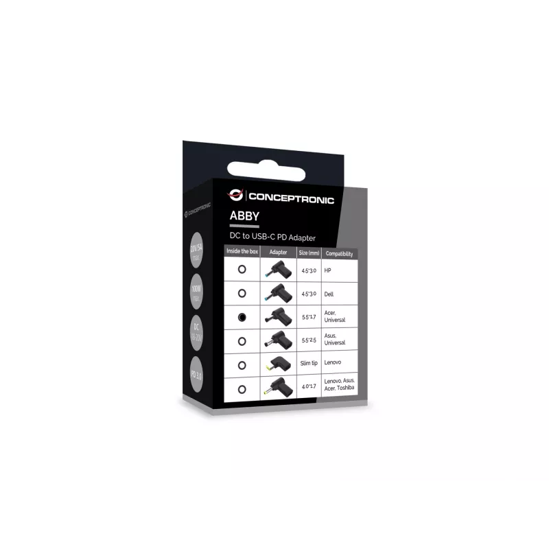 Conceptronic ABBY15PC03 DC-naar-USB-C-adapter, Acer/universeel 5,5x1,7mm, 18-20V
