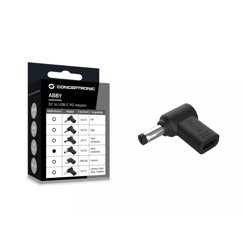 Conceptronic ABBY15PC04 DC-naar-USB-C-adapter, Asus/universeel 5,5x2,5mm, 18–20V