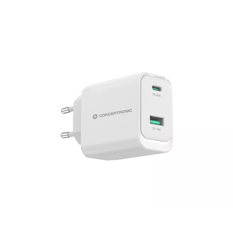 Conceptronic ALTHEA20W45 2-poorts 45W GaN USB PD lader, USB-C x 1, USB-A x 1, QC 3.0, PPS, PD 3.0