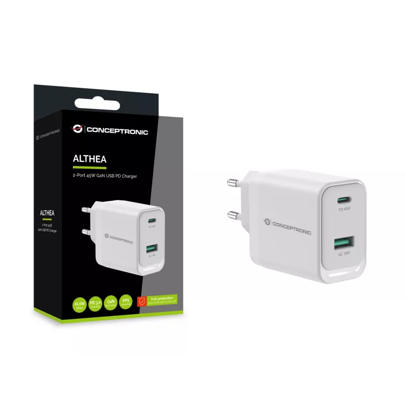 Conceptronic ALTHEA20W45 2-poorts 45W GaN USB PD lader, USB-C x 1, USB-A x 1, QC 3.0, PPS, PD 3.0