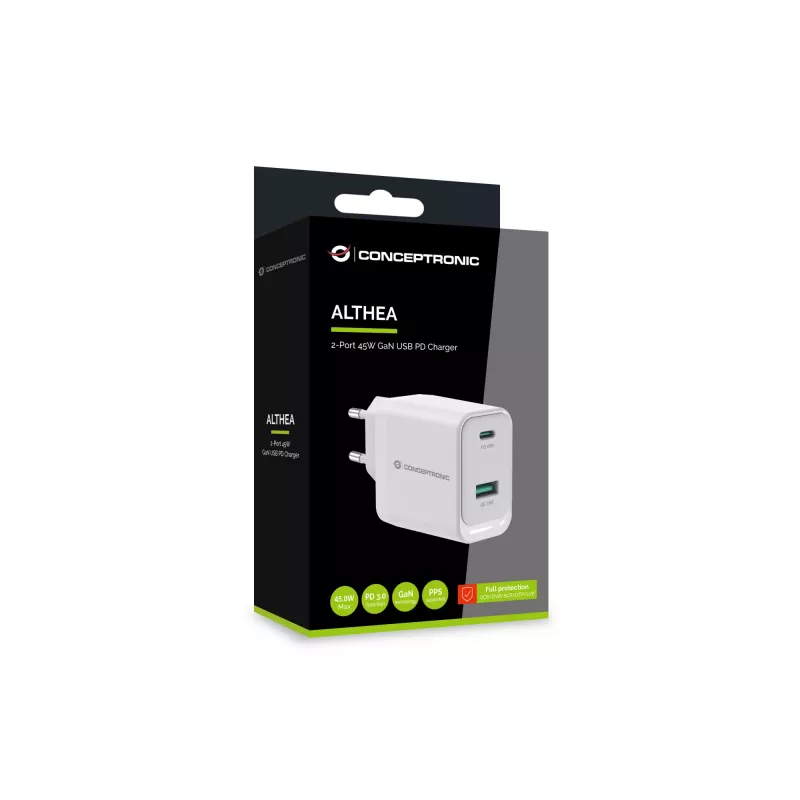 Conceptronic ALTHEA20W45 2-poorts 45W GaN USB PD lader, USB-C x 1, USB-A x 1, QC 3.0, PPS, PD 3.0