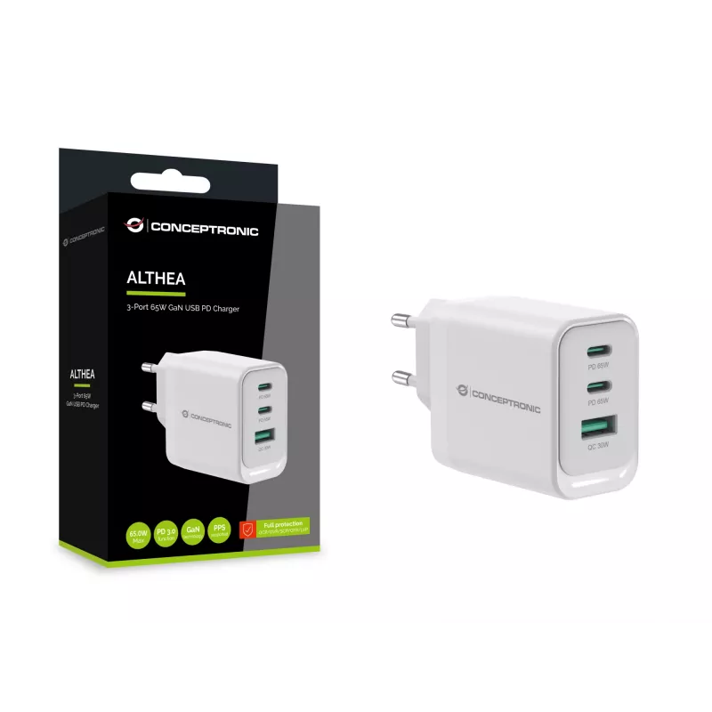 Conceptronic ALTHEA21W65 3-poorts 65W GaN USB PD-oplader, USB-C x 2, USB-A x 1, QC 3.0, PPS, PD 3.0