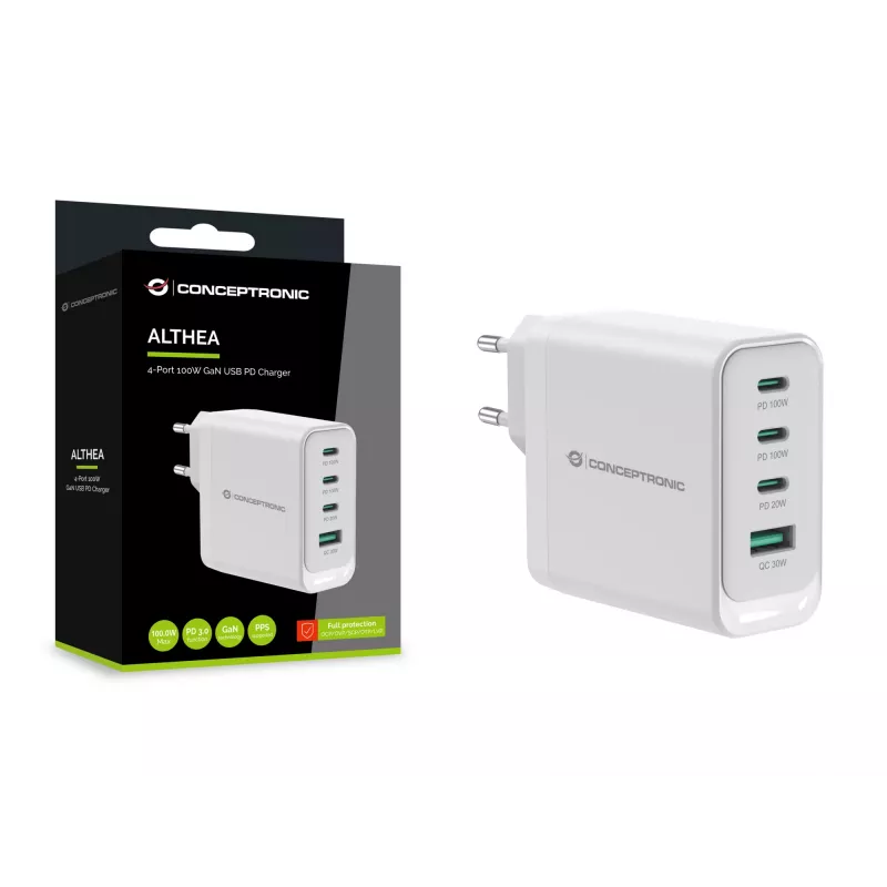 Conceptronic ALTHEA22W100 4-poorts 100W GaN USB PD-oplader, USB-C x 3, USB-A x 1, QC 3.0, PPS, PD 3.0