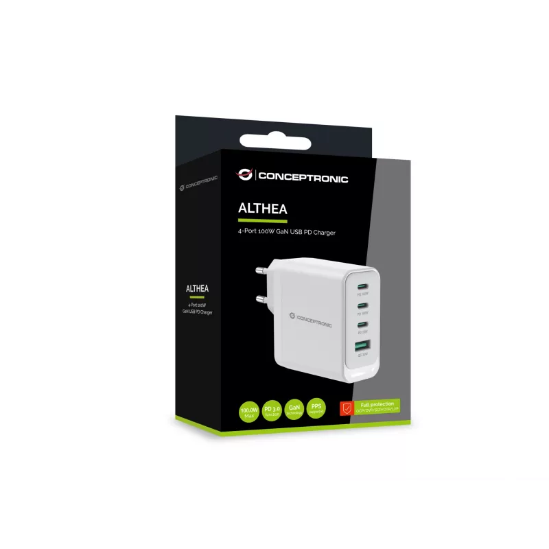 Conceptronic ALTHEA22W100 4-poorts 100W GaN USB PD-oplader, USB-C x 3, USB-A x 1, QC 3.0, PPS, PD 3.0