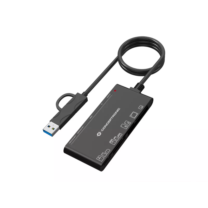 7-in-1 kaartlezer CONCEPTRONIC BIAN10B — USB 3.2 Gen 1 Type-A/Type-C, CF/MMC/MS/SD/MicroSD/xD, zwart