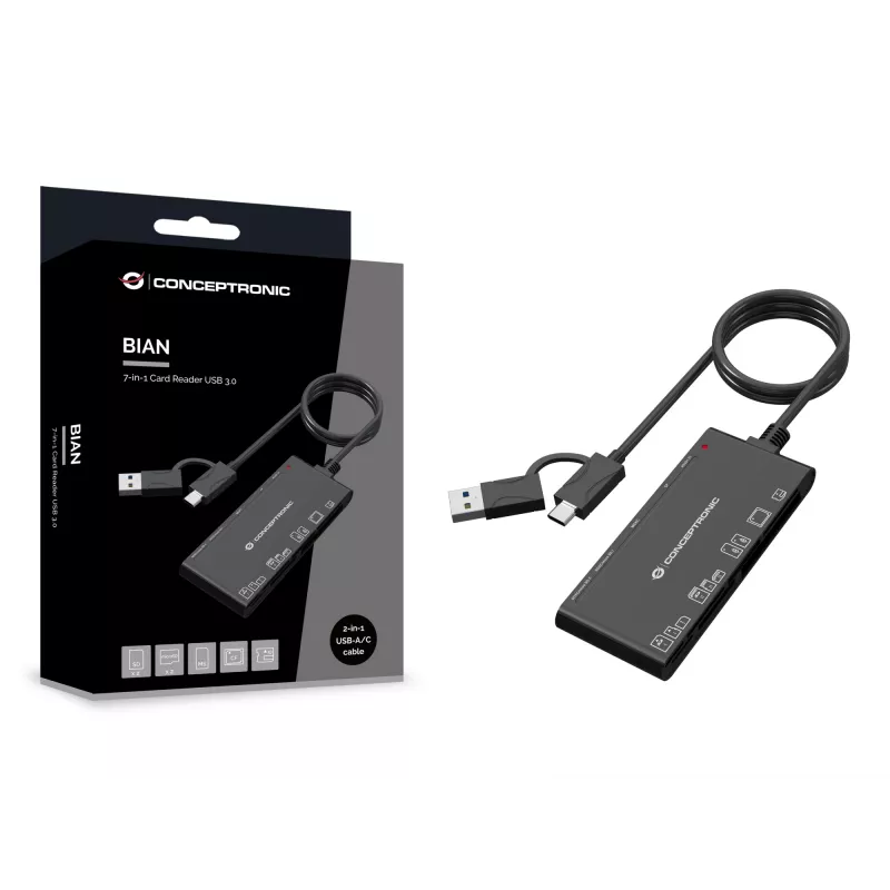7-in-1 kaartlezer CONCEPTRONIC BIAN10B — USB 3.2 Gen 1 Type-A/Type-C, CF/MMC/MS/SD/MicroSD/xD, zwart