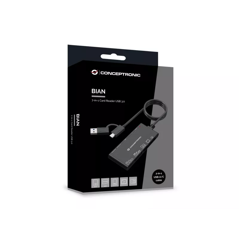 7-in-1 kaartlezer CONCEPTRONIC BIAN10B — USB 3.2 Gen 1 Type-A/Type-C, CF/MMC/MS/SD/MicroSD/xD, zwart