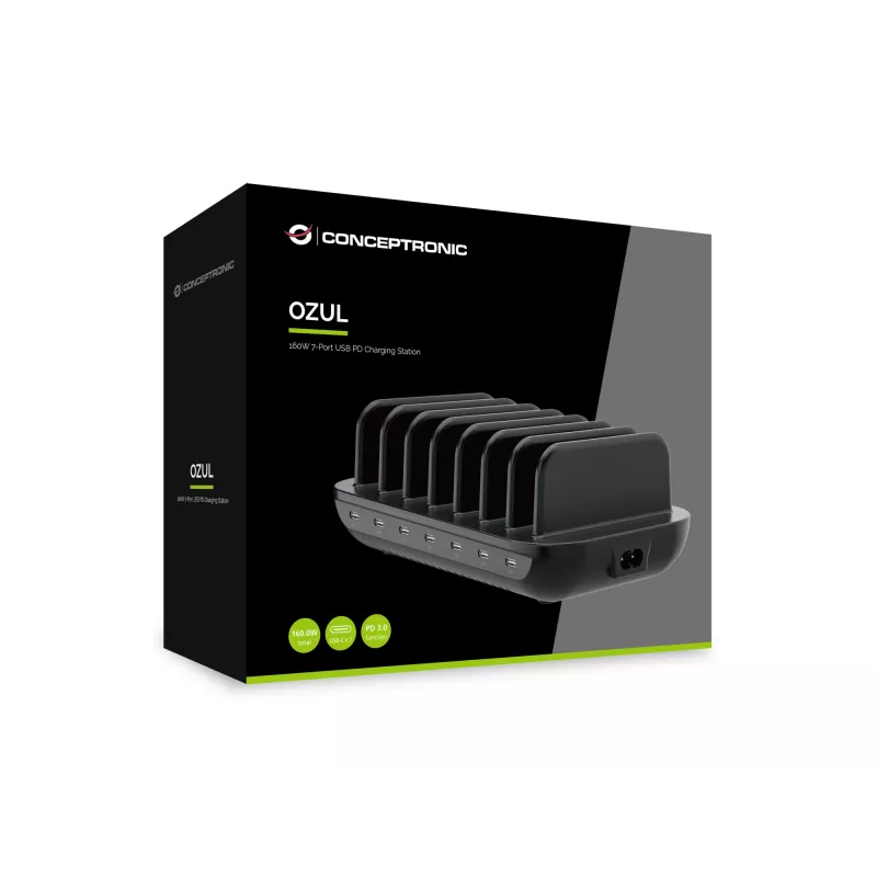 Conceptronic OZUL07B 160W 7-poorts USB PD-laadstation, USB-C x 7, PD 3.0