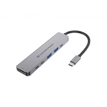 6-in-1 USB 3.2 Gen 1 dockingstation CONCEPTRONIC DONN33G HDMI, 2×USB-A 5Gbps, 2×USB-C 5Gbps, 100W USB PD, zilver